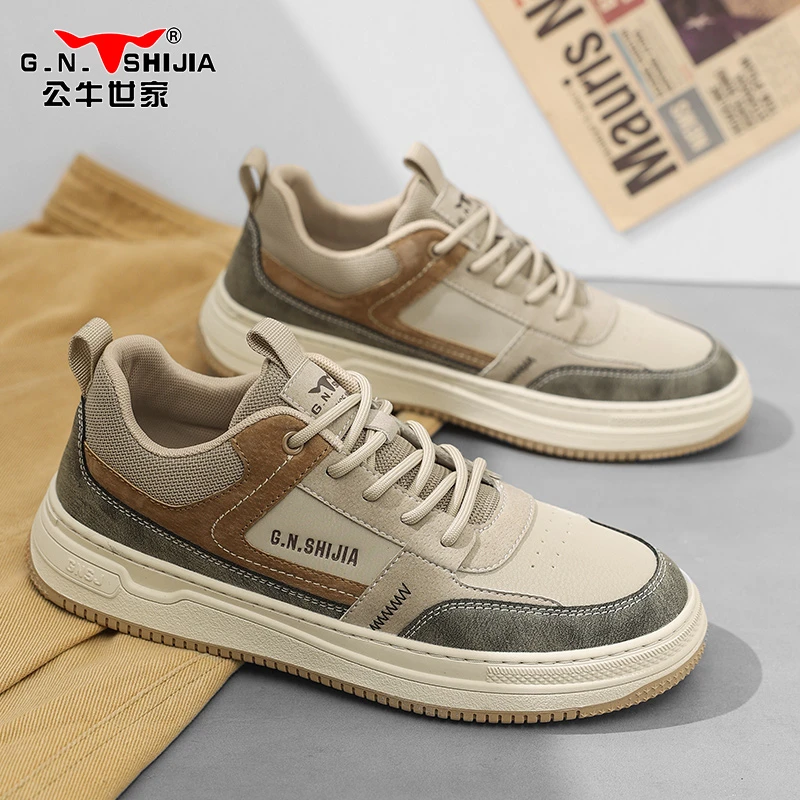 公牛世家2025男鞋夏季高级感潮牌板鞋男款防水复古运动休闲板鞋