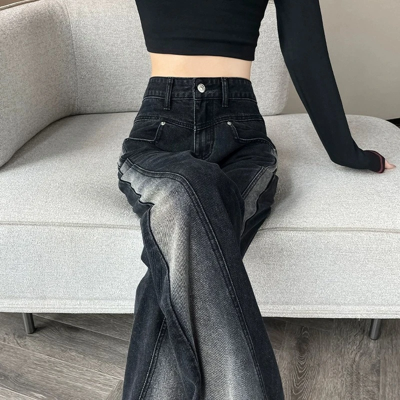 渐变撞色阔腿牛仔裤女2025年新款黑灰色加绒高腰直筒拖地裤秋冬季