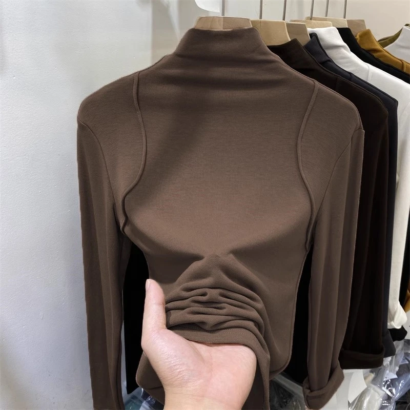 咖色半高领加绒打底衫女秋冬内搭欧货2025新款洋气磨毛t恤上衣服