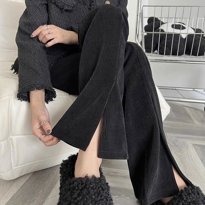 雪尼尔喇叭裤女秋冬高腰显瘦垂感小个子加绒开叉窄版灯芯绒阔腿裤