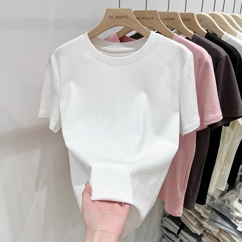 百搭白色正肩短袖t恤女高级感纯色春夏季新款休闲百搭宽松上衣潮