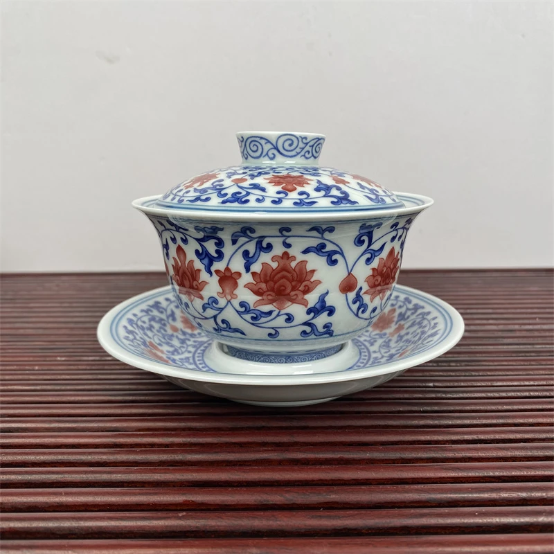 青花峰胜堂釉里红元宝三才盖碗陶瓷缠枝莲花纹水盖泡茶碗釉下彩