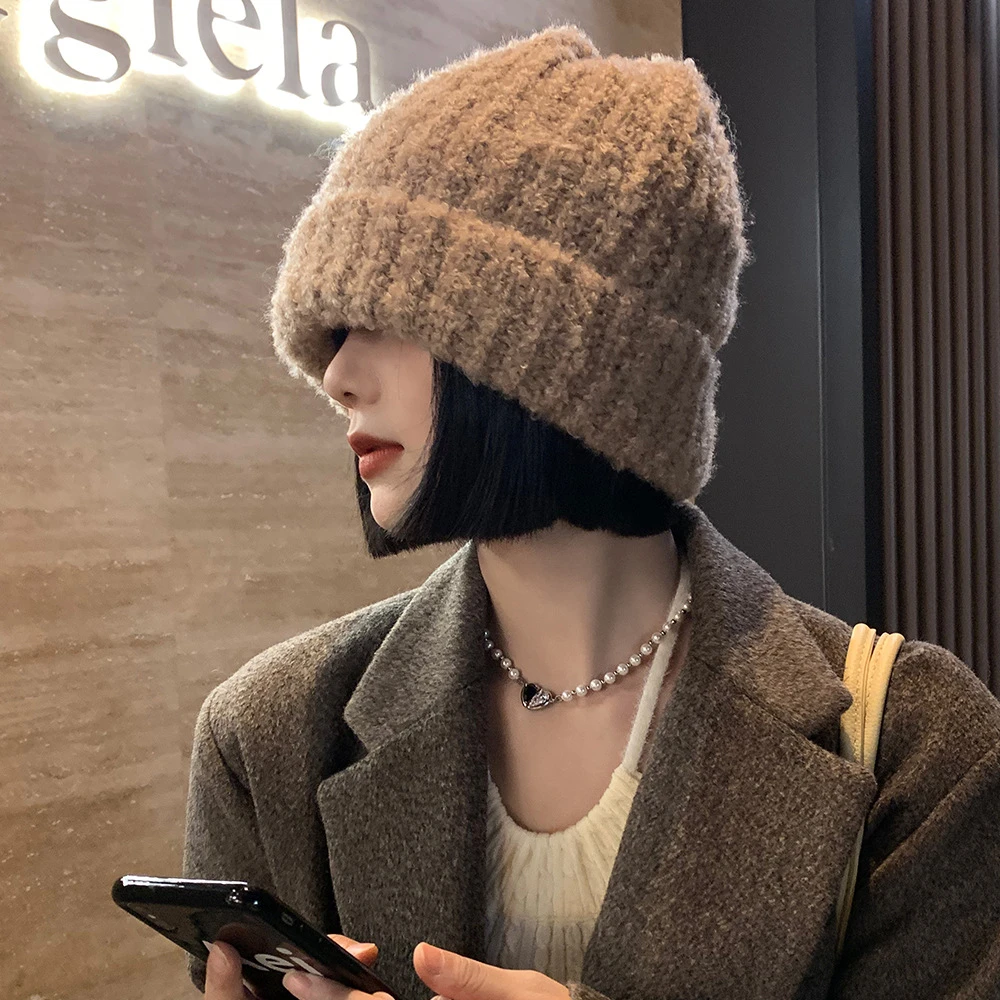 蕉蕉芬米色粗毛线帽女秋冬韩版大头围针织帽显脸小保暖帽子ins