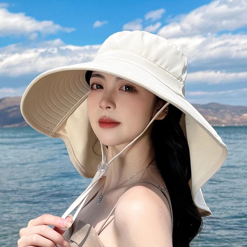 蕉蕉芬夏季户外防晒太阳帽带马尾孔女新款韩版时尚大檐披肩渔夫帽