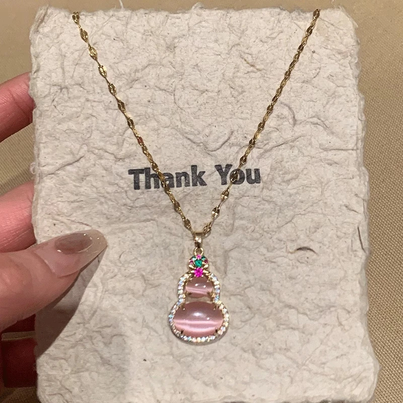 钛钢项链 爆款高级感粉色葫芦项链气质轻奢时尚百搭小众镶嵌坠链