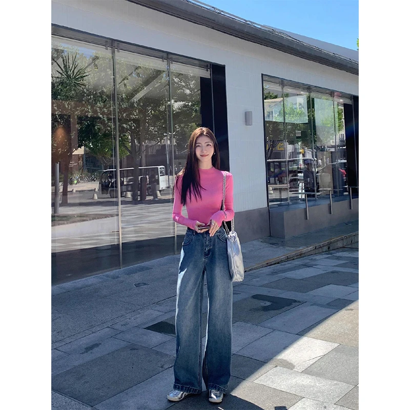 时尚穿搭女士早秋气质纯欲修身显瘦圆领长袖上衣高腰休闲牛仔裤