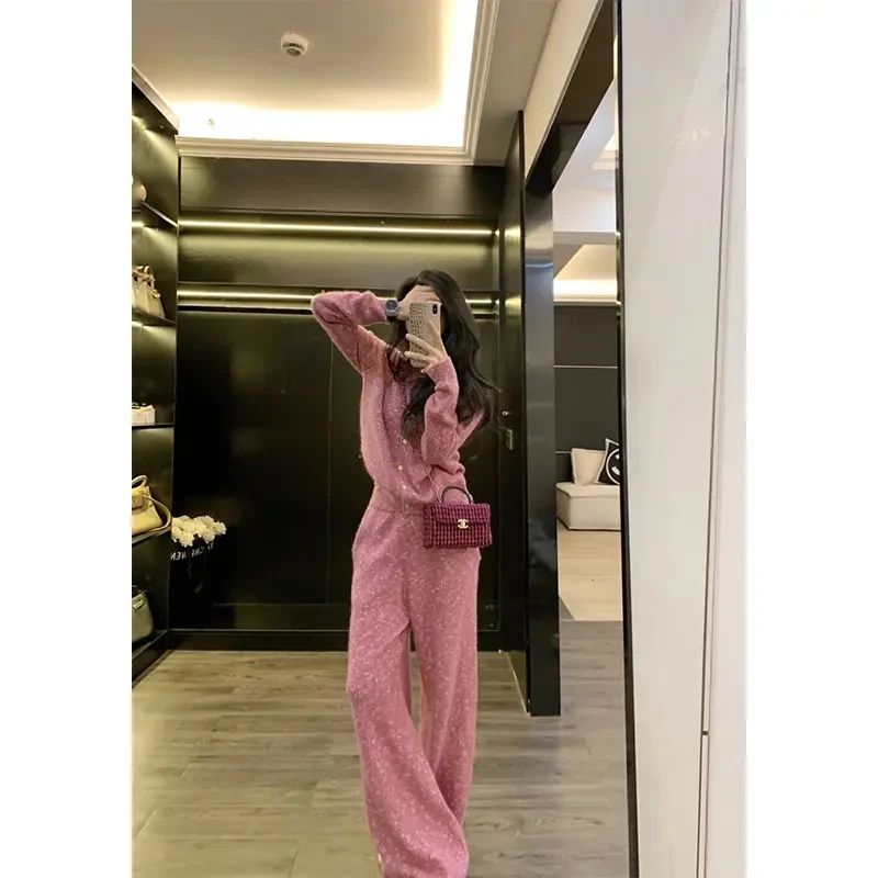 2024秋冬新款时尚韩系洋气减龄设计感长袖针织开衫高腰休闲阔腿裤