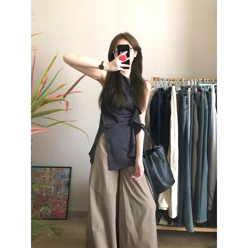 2024夏季穿搭女士气质圆领开叉时尚无袖背心上衣高腰休闲阔腿裤