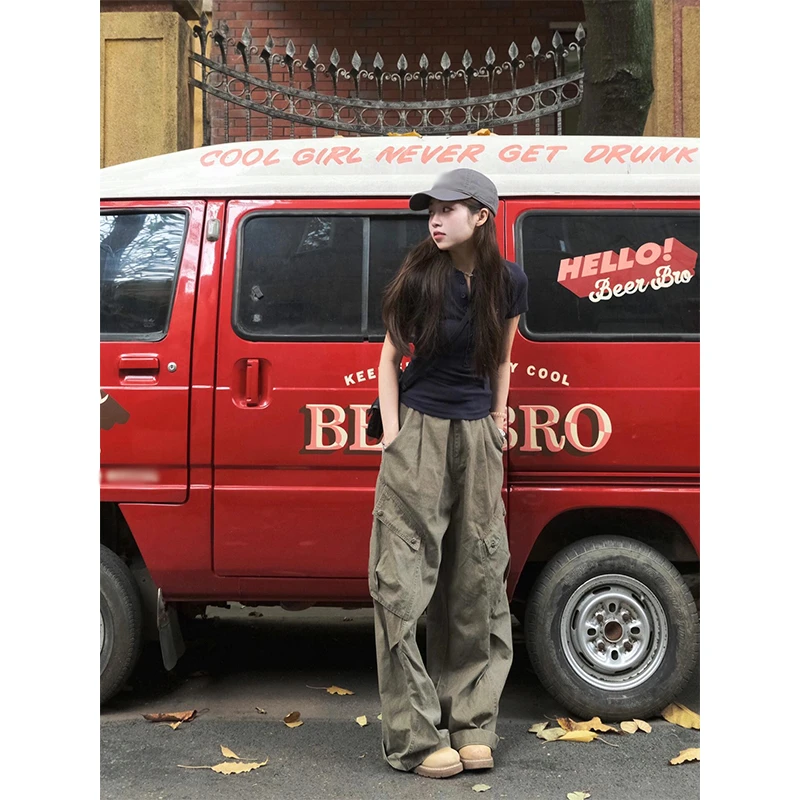 夏季穿搭女士美式圆领正肩纽扣修身显瘦短袖上衣高腰阔腿工装裤