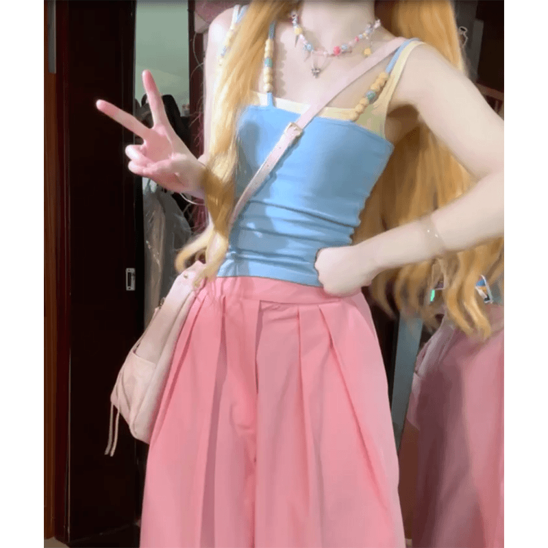 轻熟穿搭女夏季纯色修身显瘦百搭气质辣妹时尚吊带背心宽松休闲裤