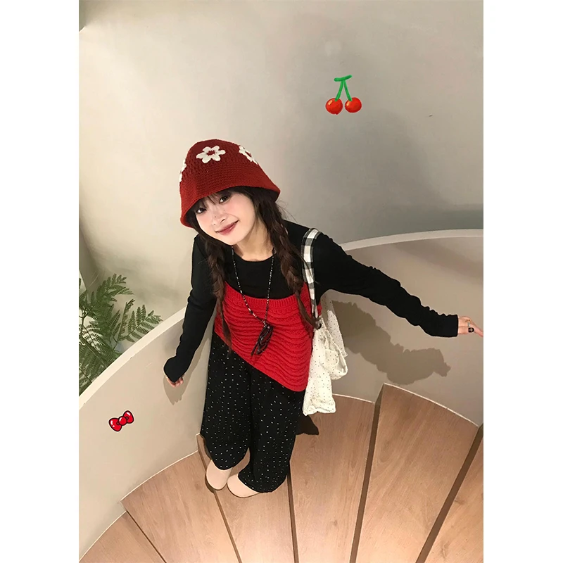 洋气穿搭女士秋季气质叠穿针织背心吊带长袖上衣高腰休闲阔腿裤