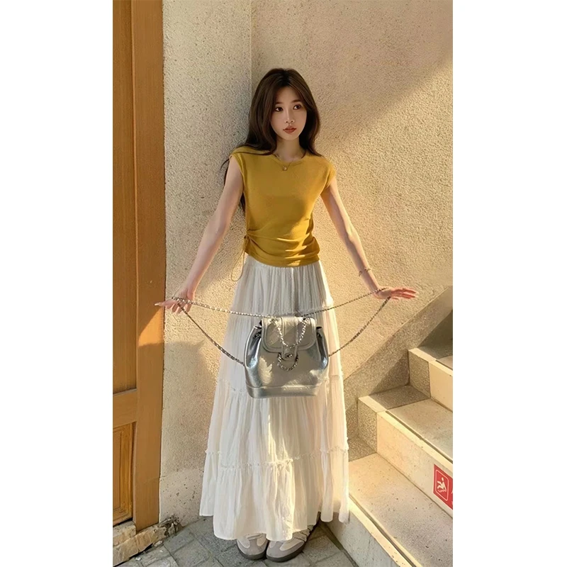 韩版气质正肩短款圆领短袖抽绳小众设计感女士上衣春夏季半身裙子