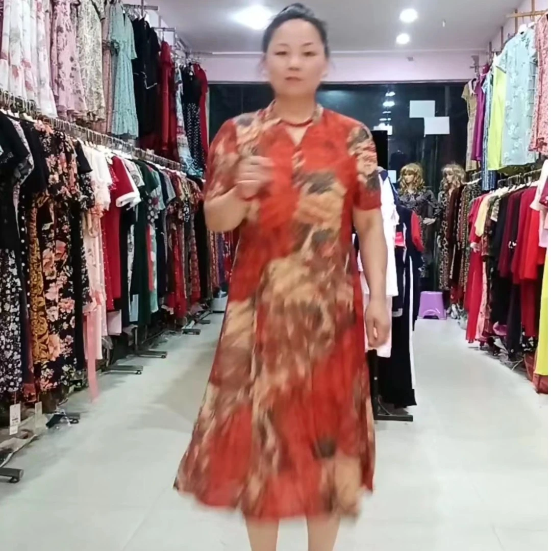 夏季红色气质中长连衣裙A字中长连衣裙显瘦妈妈装国风女款连衣裙