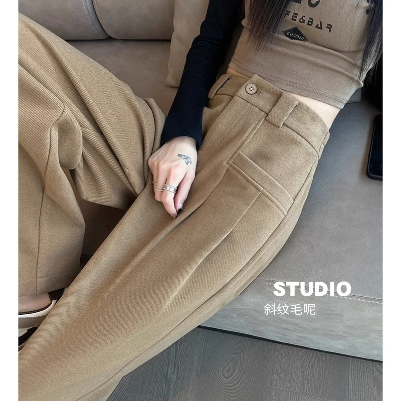 加绒毛呢阔腿裤女秋冬新款高腰宽松显瘦垂感休闲拖地直筒西装裤子