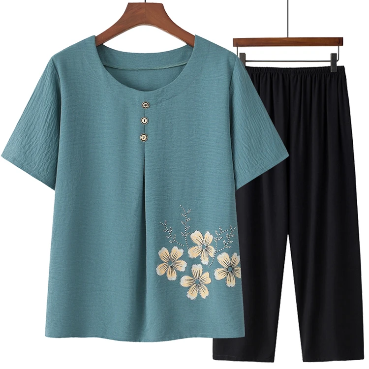 老年人夏天奶奶短袖T恤套装妈妈装冰凉衣服太太弹力上衣九分裤子