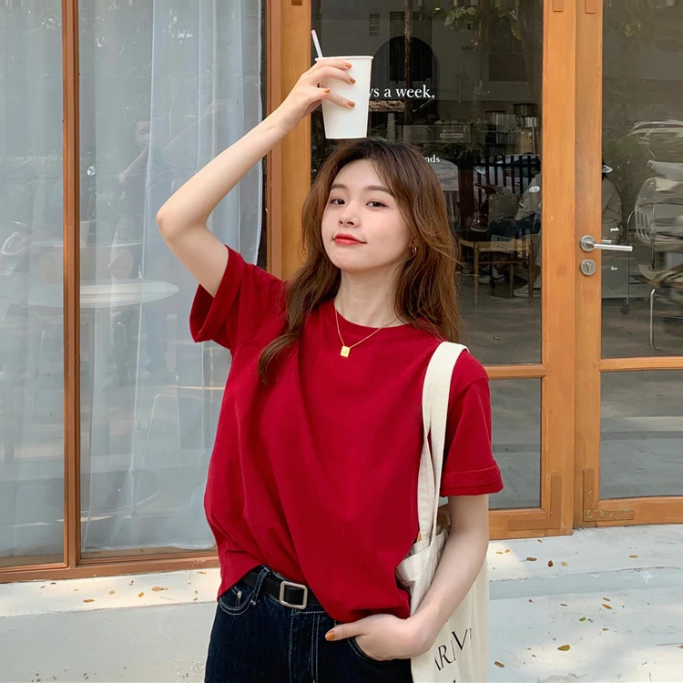 240g红色短袖T恤春夏季简约圆领打底男女宽松版纯色t恤半袖体恤