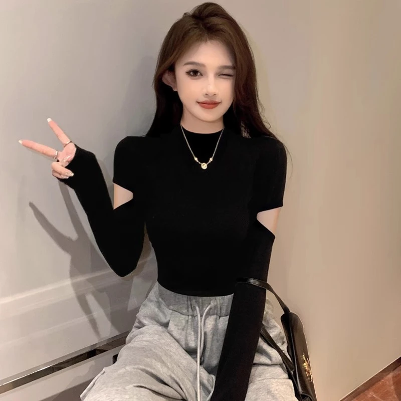 螺纹黑色半高领打底衫女2024春秋内搭设计感长袖t恤修身露肘上衣