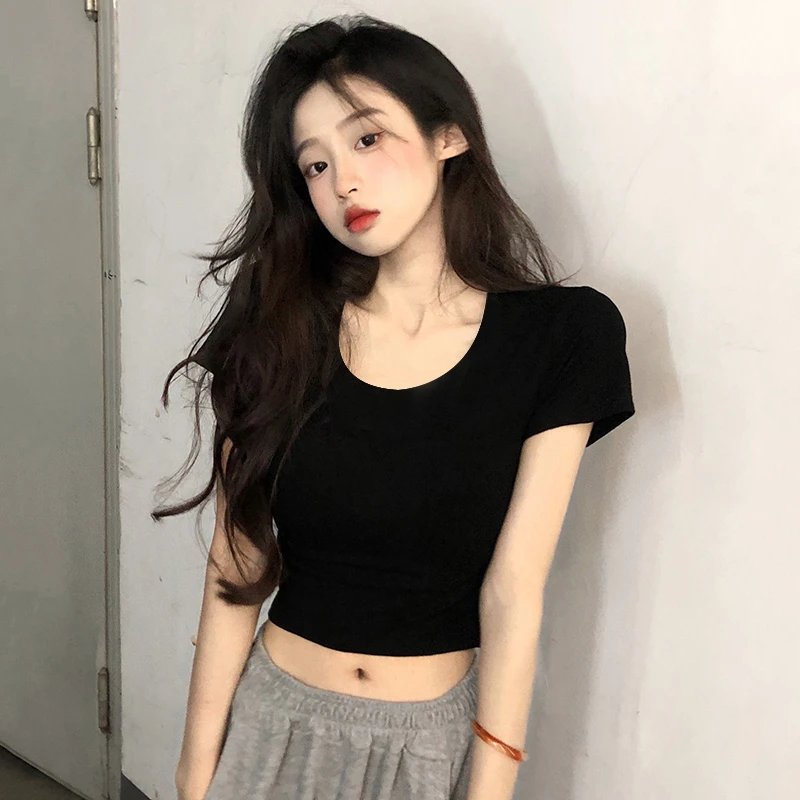黑色圆领短款露脐t恤女短袖高腰内搭 打底衫修身夏季漏肚脐上衣潮
