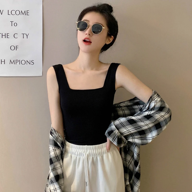 黑色方领吊带背心女夏外穿宽肩带美背纯棉西装内搭遮副乳打底上衣