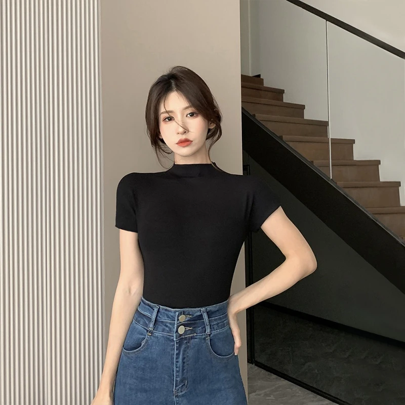 莫代尔黑色半高领短袖t恤女2023春夏冰丝中领打底衫紧身半袖上衣