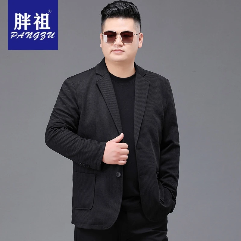 春秋款胖子休闲西服加肥加大码中年男士商务条纹西装肥佬单西外套