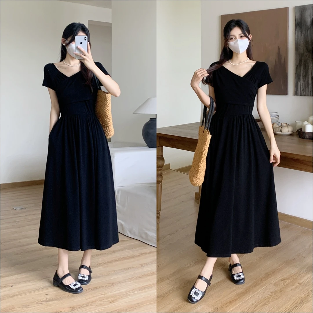 2024夏季大码女装新款法式复古V领短袖黑色时尚气质女装连衣裙
