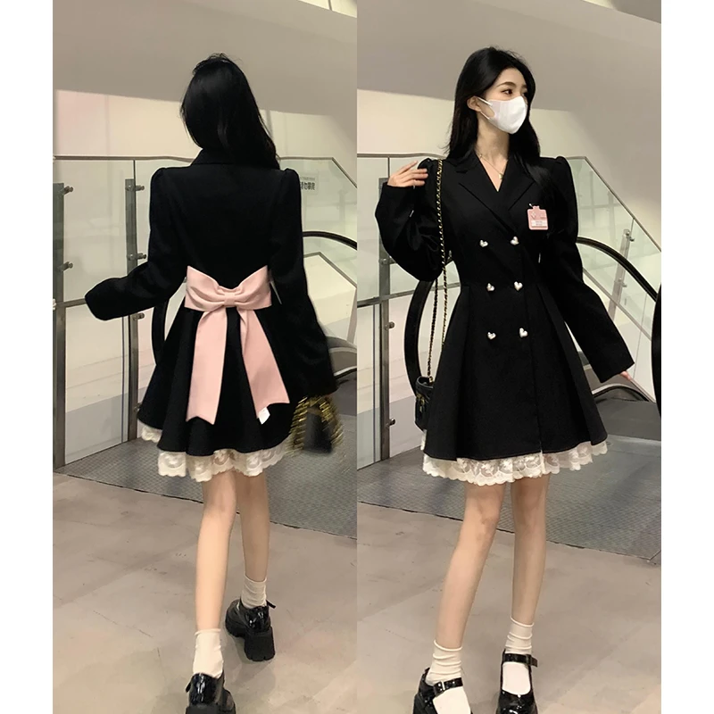 2024秋季大码女装新款时尚甜酷学院风蝴蝶结蕾丝拼接西装连衣裙