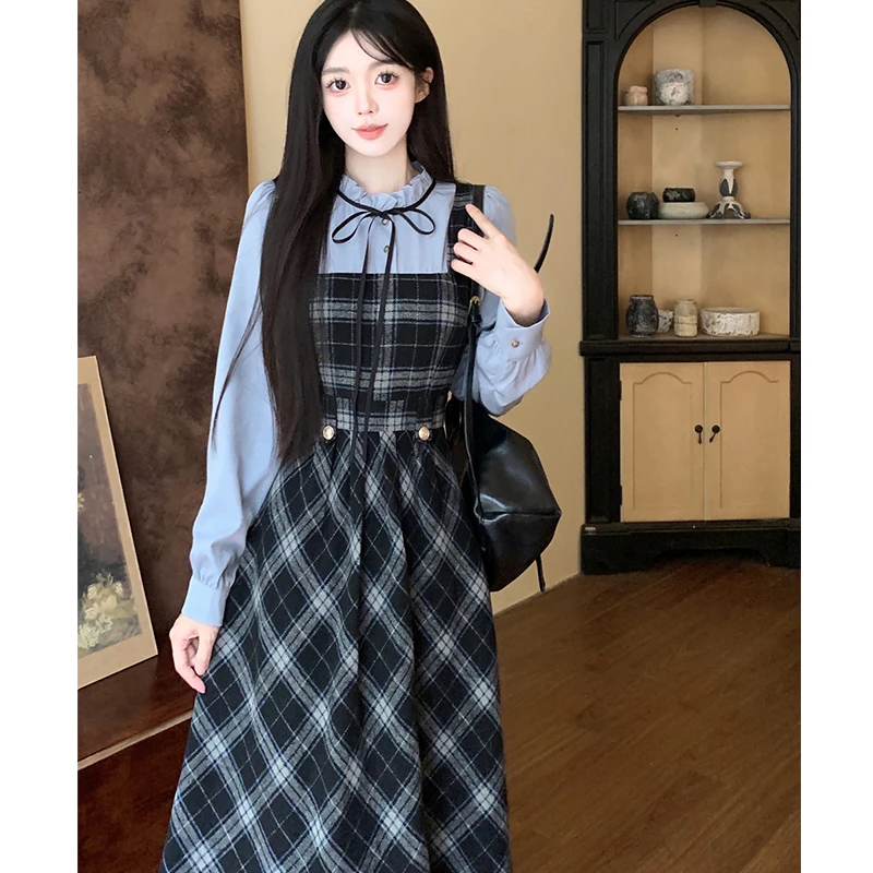 2024秋季大码女装新款时尚学院风假两件韩版拼接显瘦长款连衣裙