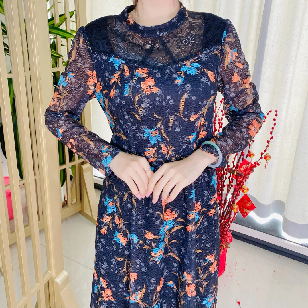 956#印花刺绣圆领口袋款中长裙气质妈妈装修身时尚显瘦长袖连衣裙