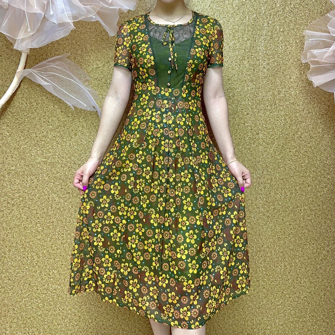 S 1126#夏季雏菊优雅显瘦碎花修身气质妈妈装连衣裙收腰