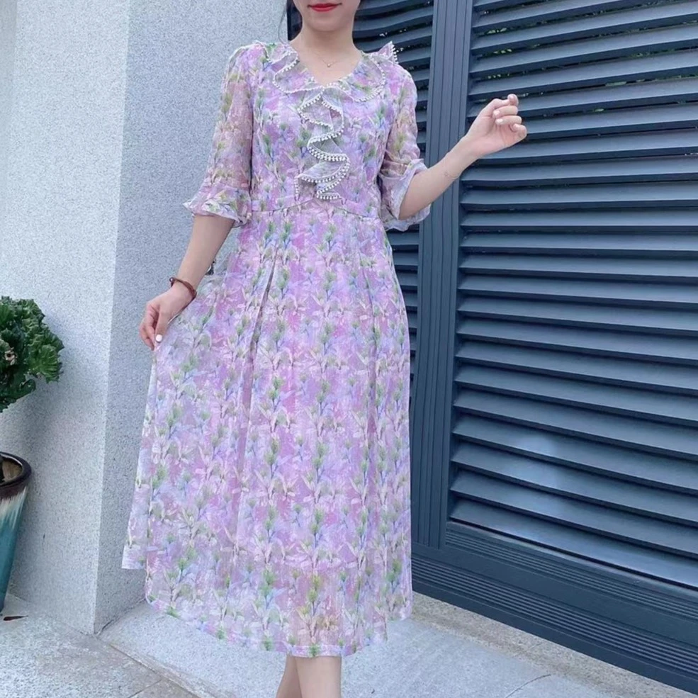 S 1028#2023新款夏季夏装气质优雅时尚中长裙修身显瘦紫色连衣裙