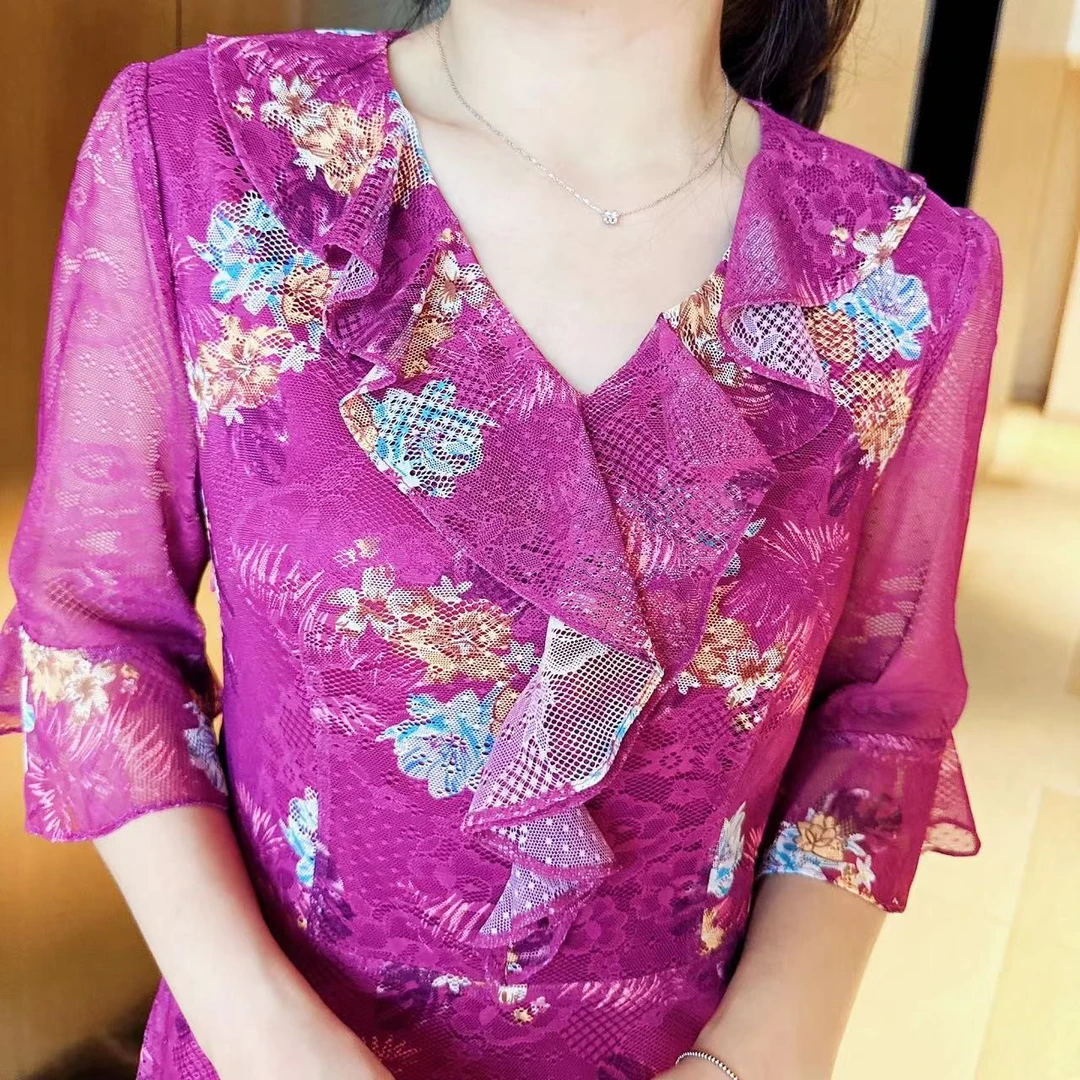 1003#夏季中袖荷叶领气质淑中长裙妈妈装显瘦减龄v领女裙