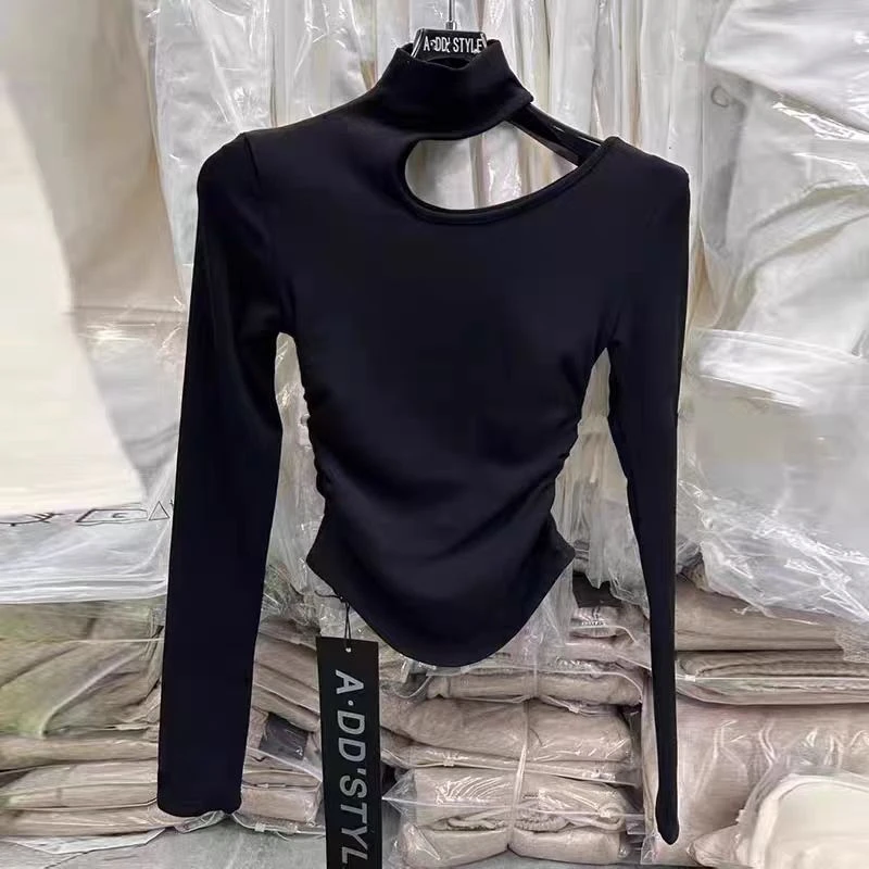 2024冬季加绒新款小心机时尚设计感缩褶套头T恤衫百搭长袖上衣女