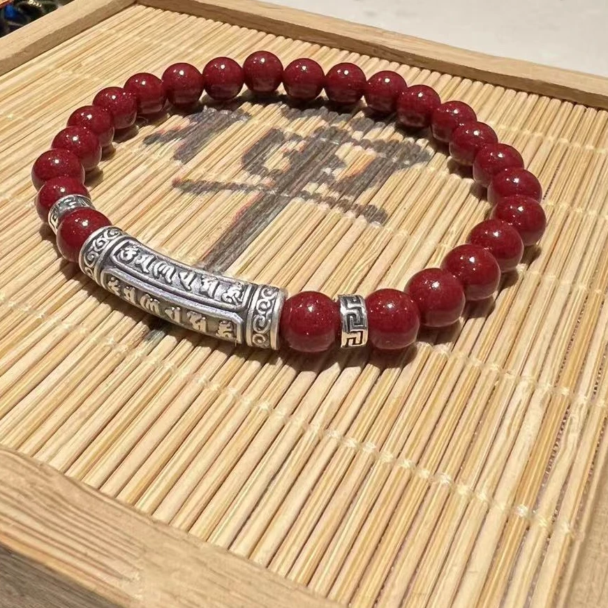 925银手链 银饰六字朱砂手串手工百搭复古红色