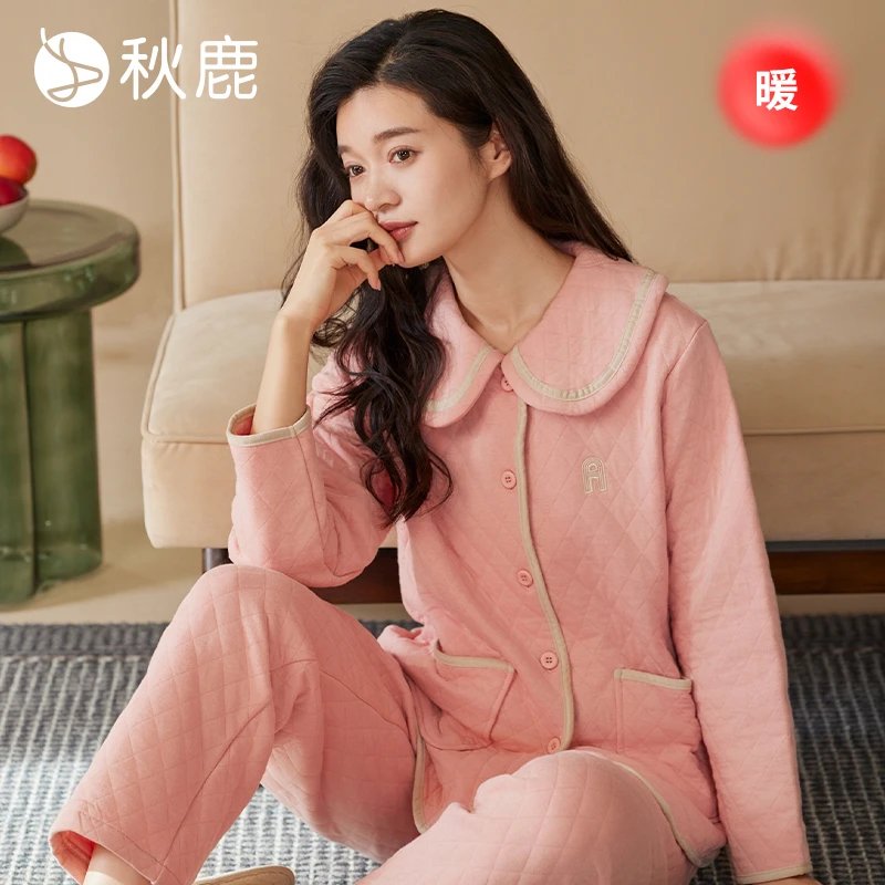 秋鹿菱形格夹丝空气棉扣领女套棉秋冬季