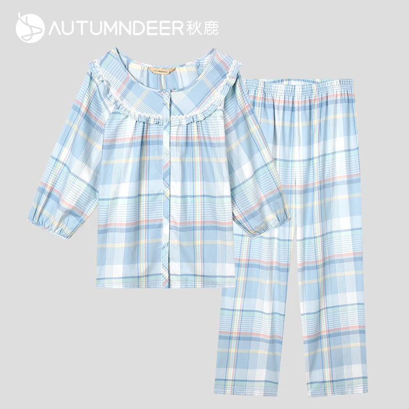 秋鹿梭织纯棉睡衣女套装春夏季新款七分袖休闲宽松薄款格子家居服