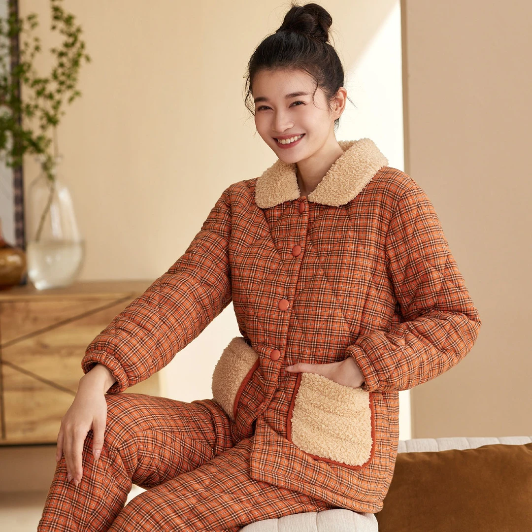 【三层夹棉】宝藏新品蓄温保暖睡衣女冬季加绒加厚保暖长袖梭织格纹