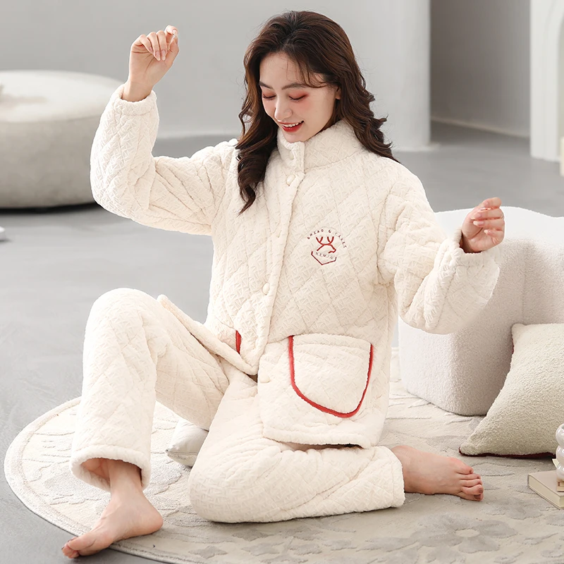 秋鹿暖暖绒睡衣女秋冬夹棉加厚保暖长款家居服冬款女士毛绒家居服
