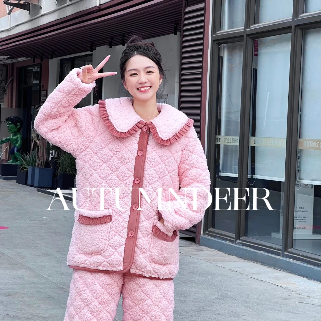 秋鹿小香风睡衣2023冬季韩版新款羊羔绒保暖夹棉女士家居服套装