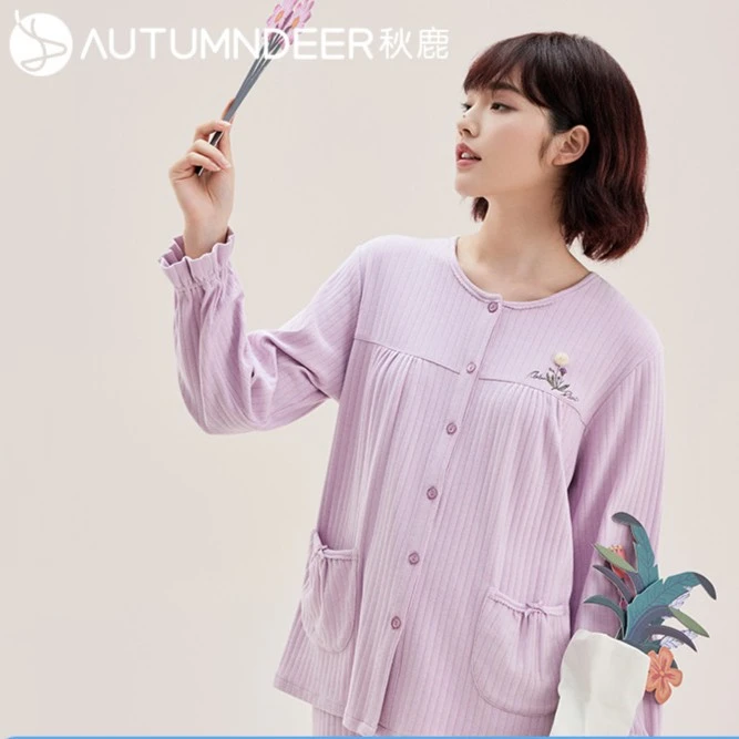 秋鹿棉感绒睡衣2023秋季花边袖口长袖长裤舒适女士纯棉家居服套装