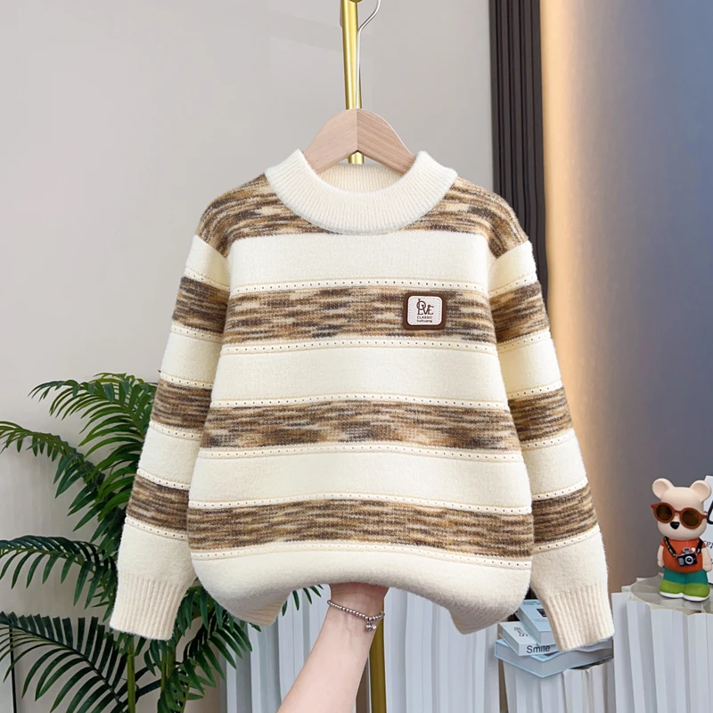 条纹韩国绒加厚男童秋冬中大童毛衣圆领针织打底衫帅气外穿