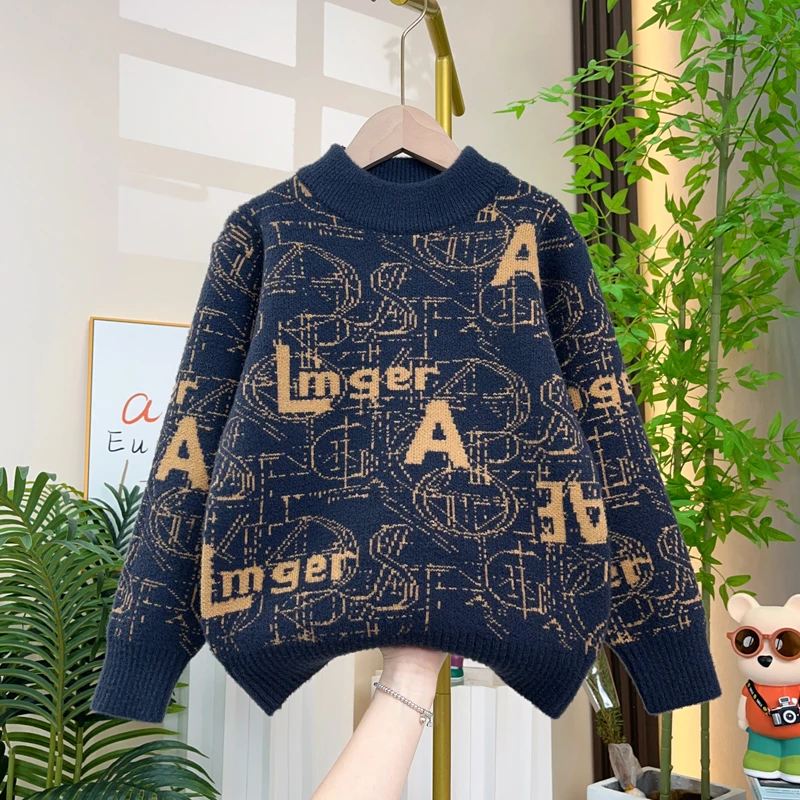 男童毛衣2025秋冬新款儿童加绒加厚打底针织衫套头上衣中大童潮