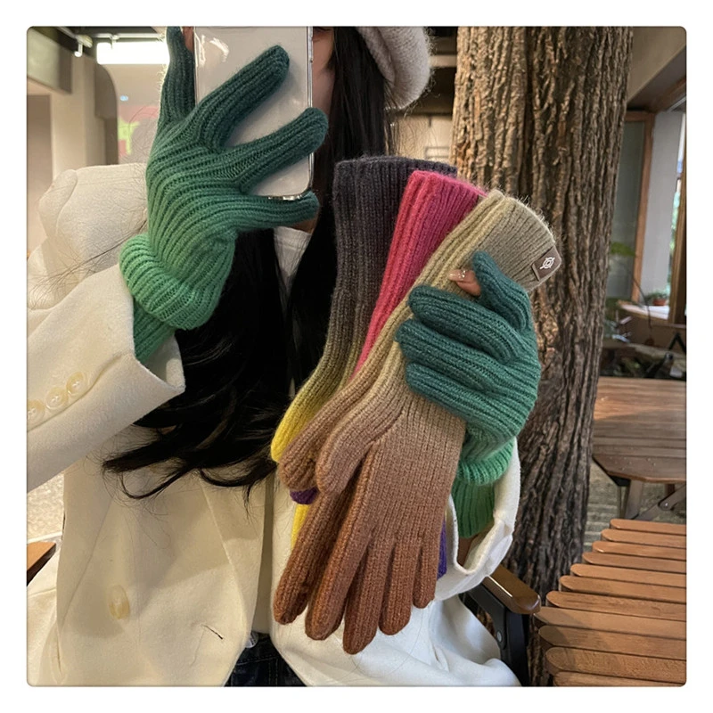 冬天渐变色五指触屏毛线针织手套女冬季骑行保暖可爱露指男女手套