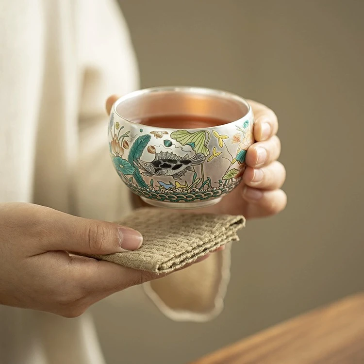 鱼藻纹银同心杯功夫茶具陶瓷茶杯品茗杯单杯子礼盒 1216