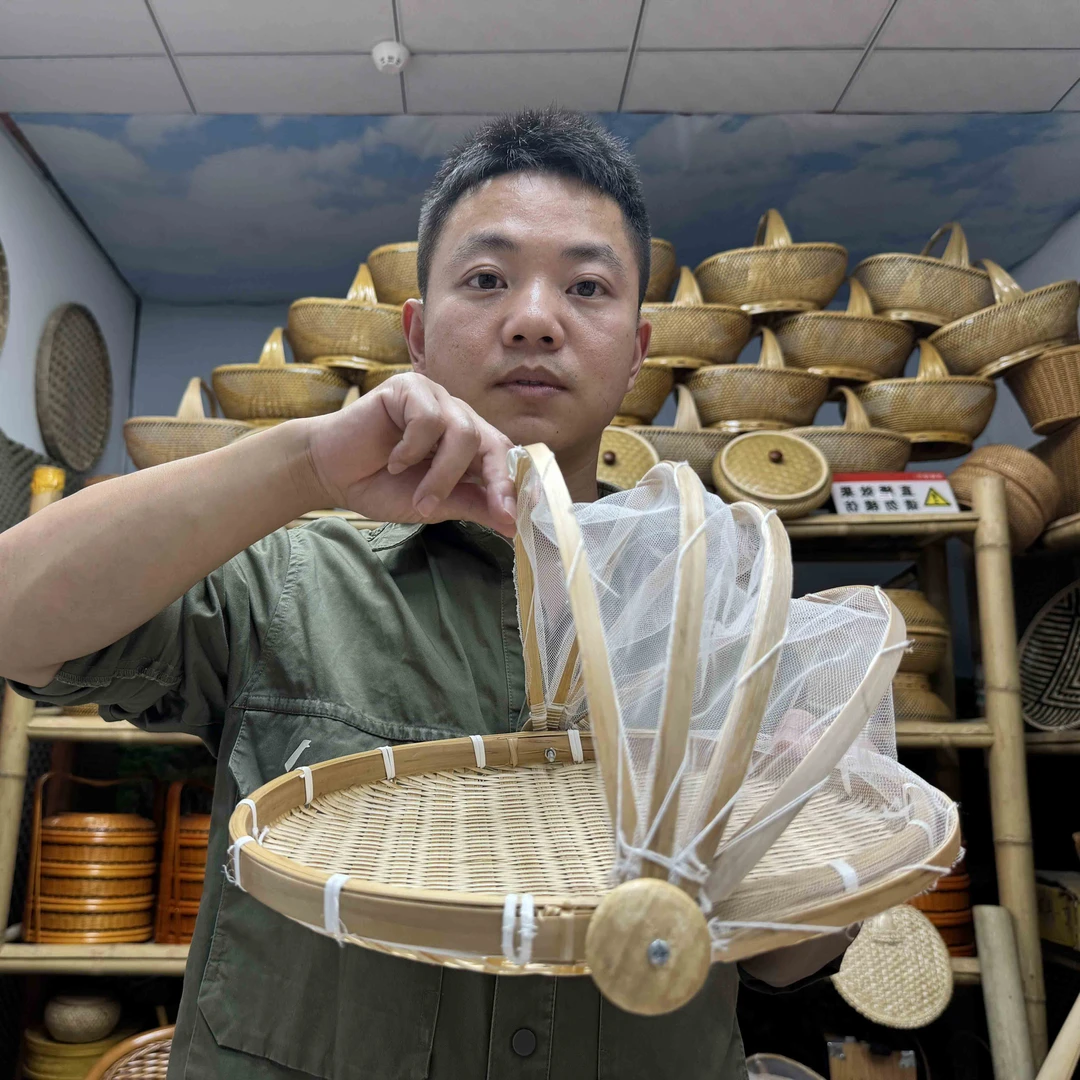 【筲箕哥】30cm圆形菜罩可折叠竹编饭罩簸箕带网防蚊苍馒头筐防虫筐