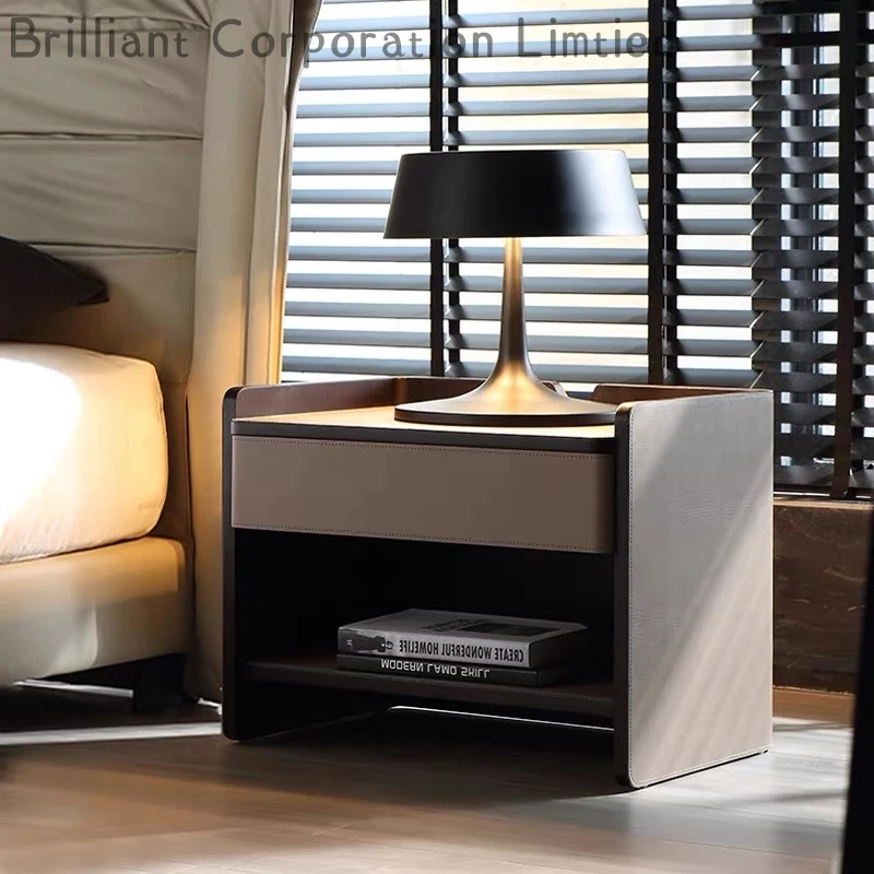 贝励隆意式简约设计马鞍皮大气收纳床边柜储物床头柜高档柜子轻奢