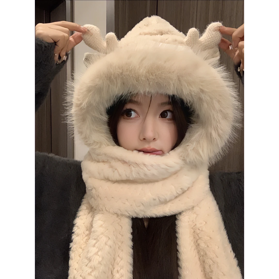 【新款鹿角网红三件套】冬季小熊一体帽仿兔毛女毛绒高颜值韩版百搭