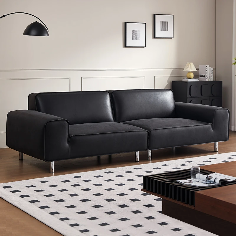 微色彩原创高脚大黑牛油蜡布沙发意式极简黑色复古布艺沙发