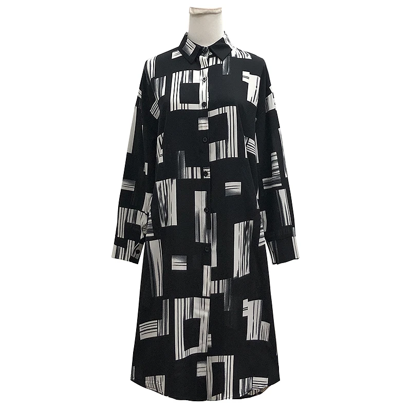 新款女装春夏季时尚印花大码宽松休闲百搭单排扣中长款衬衫裙