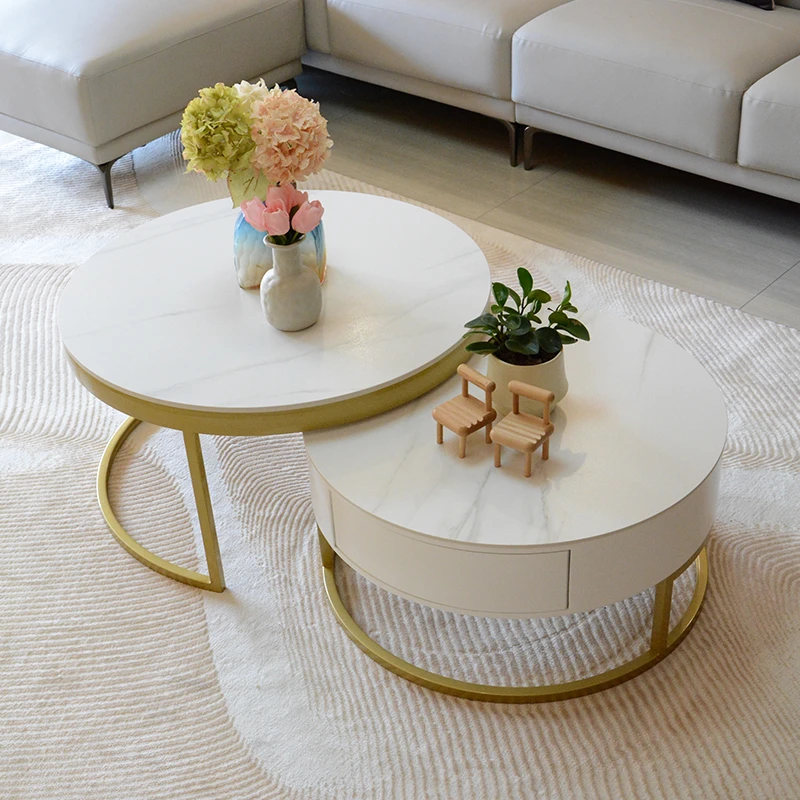 简约风岩板茶几客厅家用小户型金属风岩板现代简约轻奢极简圆形